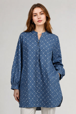 Denim Floral Long Blouse