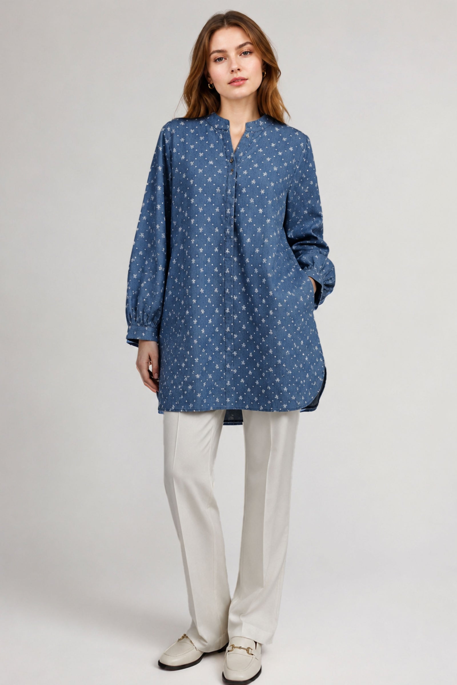 Denim Floral Long Blouse