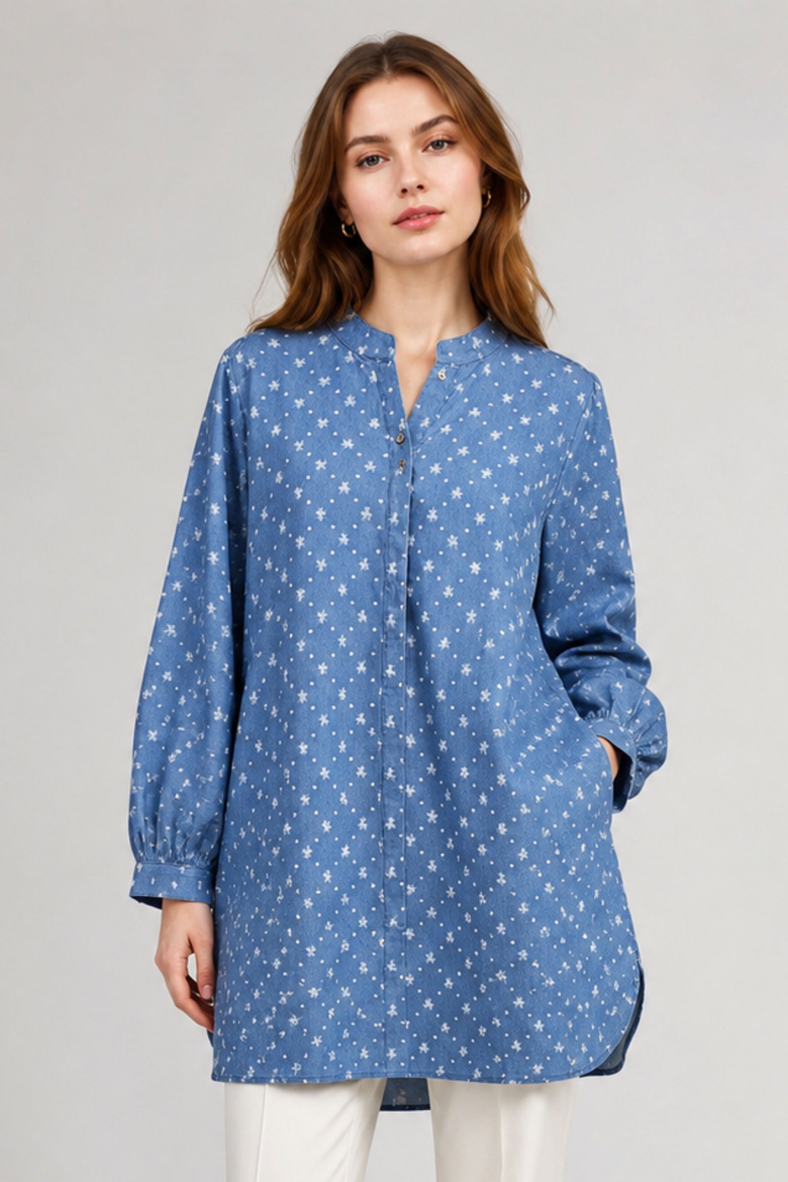 Denim Floral Long Blouse