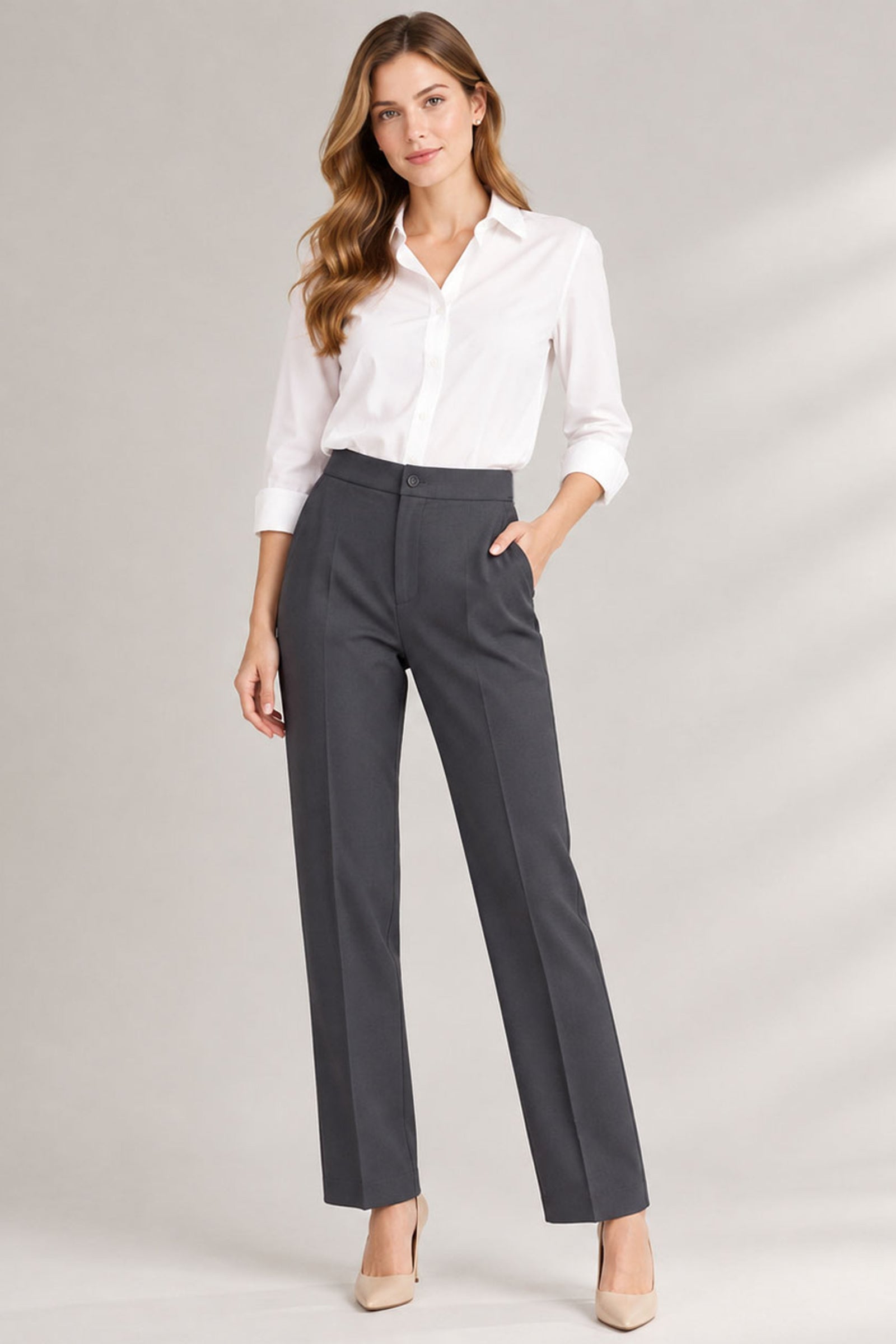 Straight Cut Office Pants - Grey