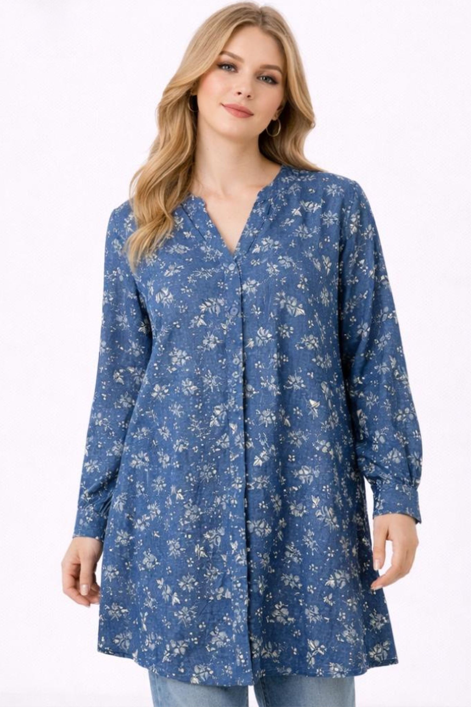 Denim Floral Long Blouse