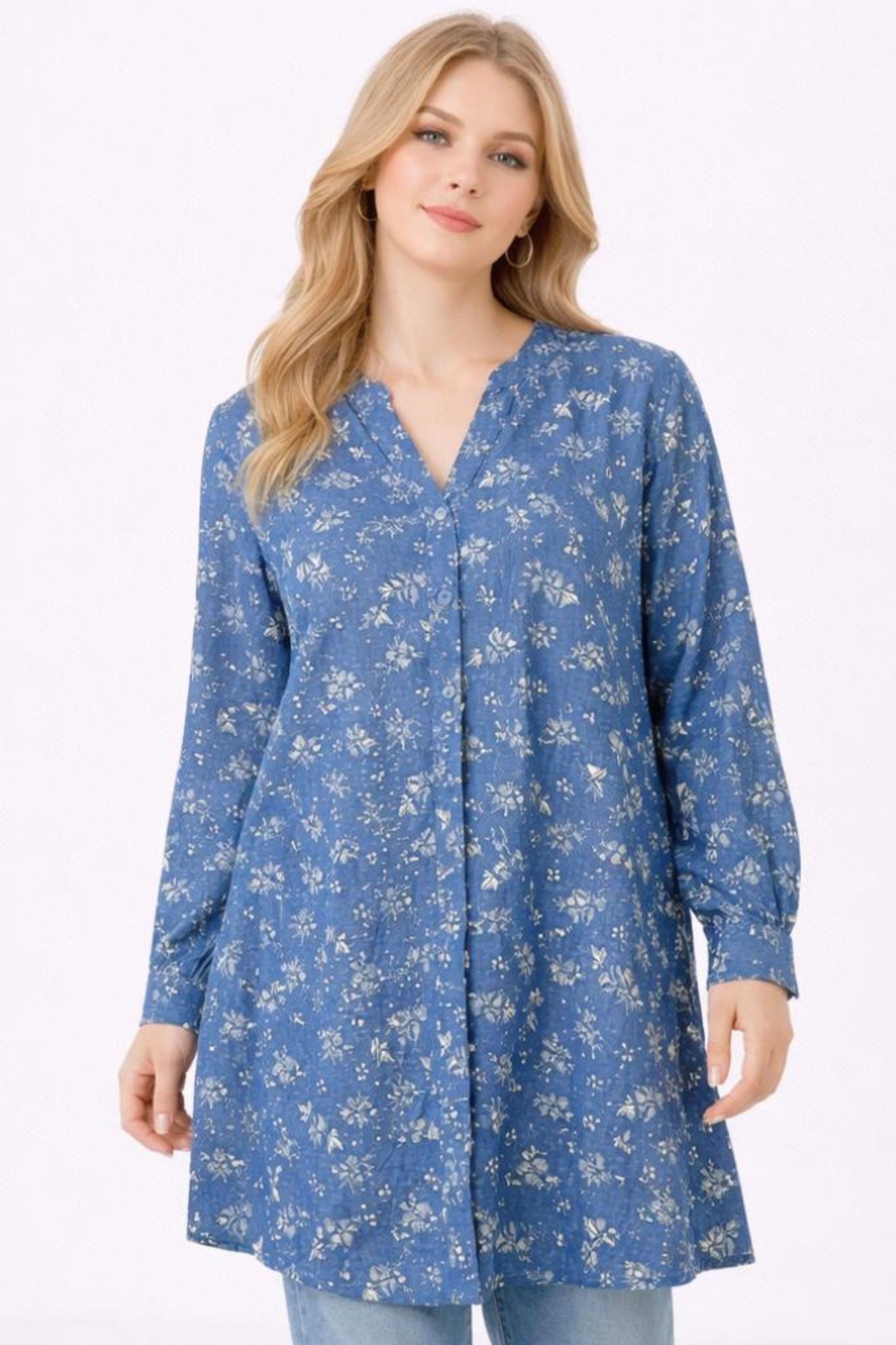 Denim Floral Long Blouse